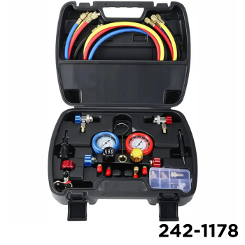 AC Manifold Gauge Set, 4 Way for R134A R410A R404A R22 Refrigerants with 60" Hoses, Acme Tank Adapters and Can Tap