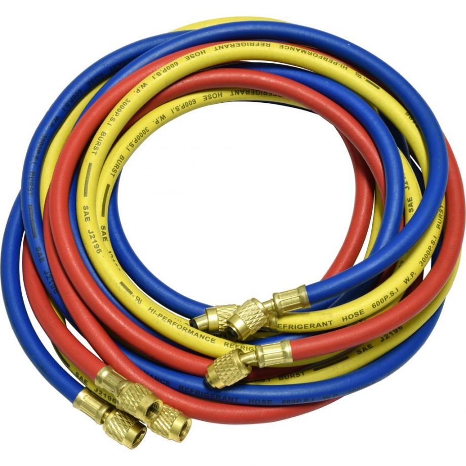 one red, blue, and yellow 96" hose with standard fittings for R12