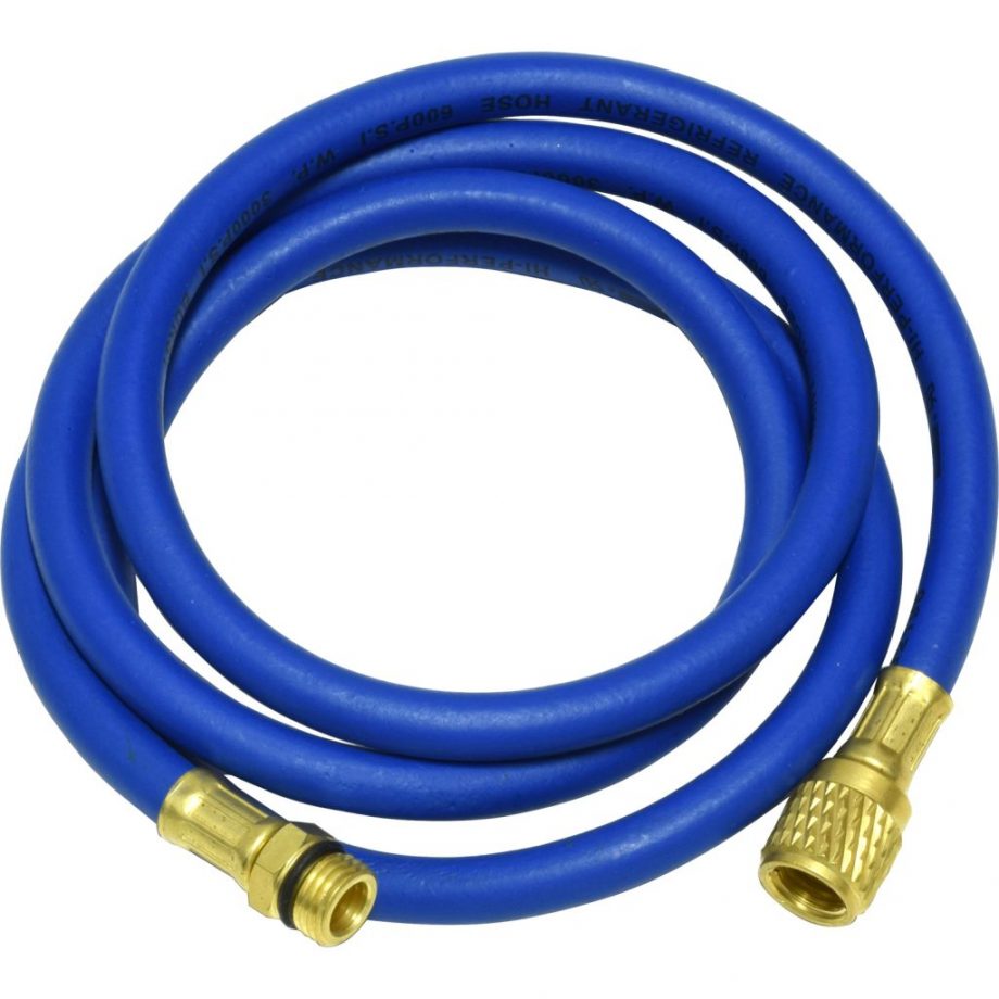 blue 60" hose with male 14mm x 1.5 and 1/2" Acme-Fittings for R-134a