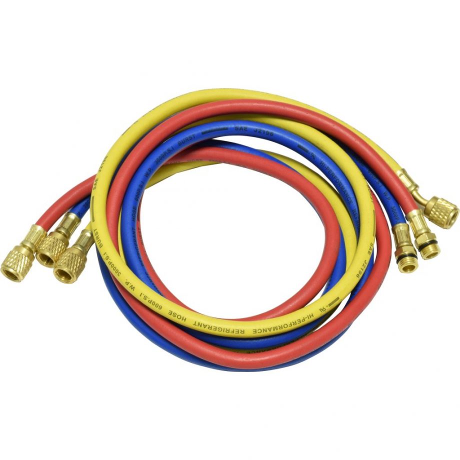 one red, blue, and yellow 60" hose for R-134a