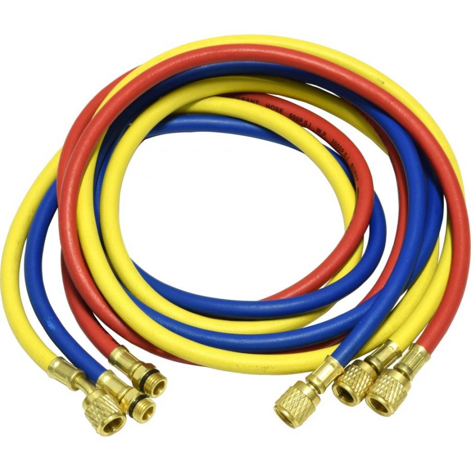 one red, blue, and yellow 72" hose for R-134a