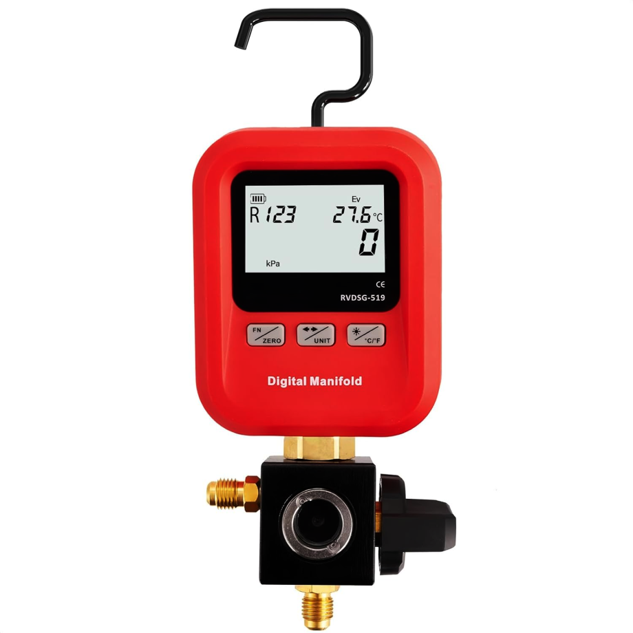 Digital Manifold Gauge, Charging Pressure Gauge for R22/R32/R410A/R134A & Mini Split W/ Manual Shut Off Valve