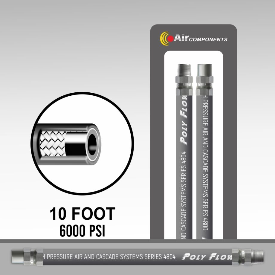 High Pressure Breathing Air Fill Station Hose 4804 Series 1/4 Diameter 10 feet 1/4" MPT x 1/4" MPT With Swivel