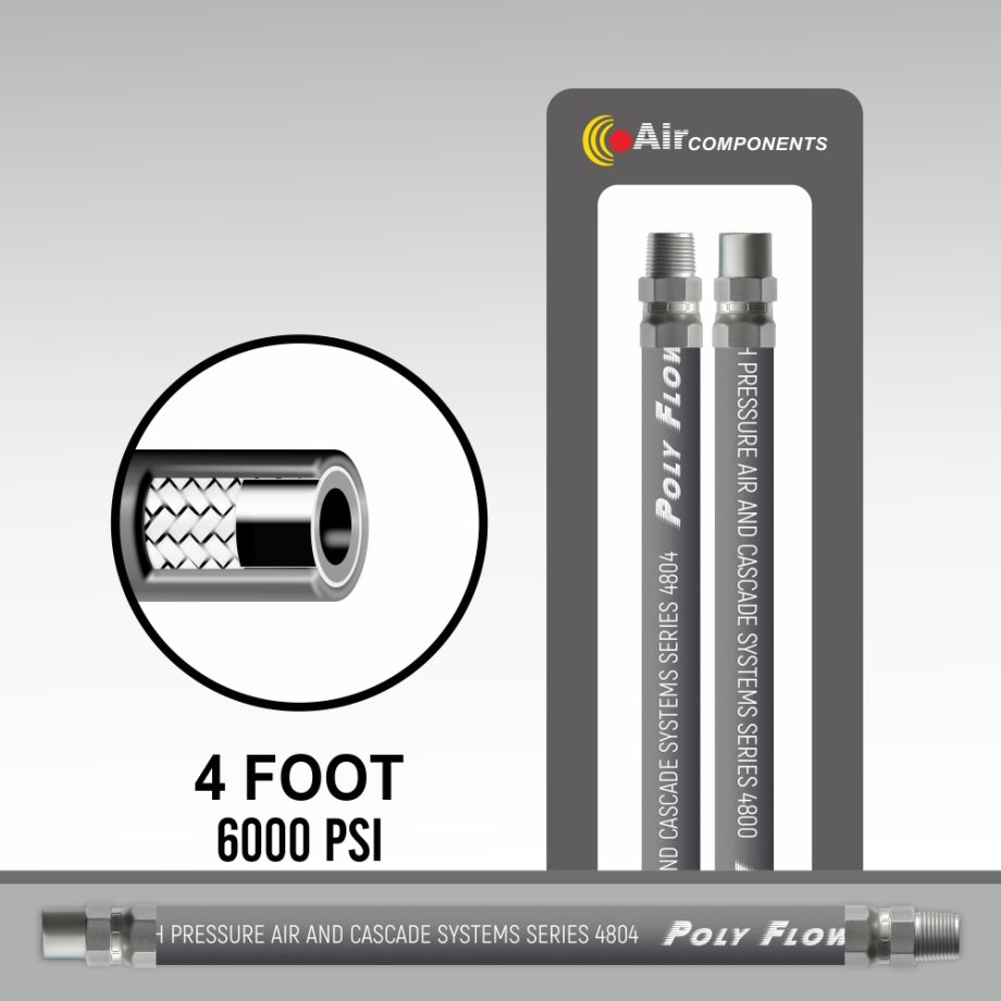 High Pressure Breathing Air Fill Station Hose 4804 Series 3/16 Diameter 4 feet 1/4" MPT x 1/4" MPT With Swivel