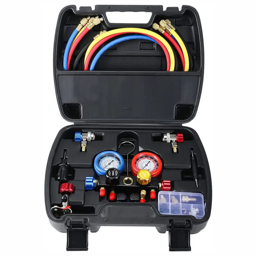 AC Manifold Gauge Set, 4 Way for R134A R410A R404A R22 Refrigerants with  60 Hoses, Acme Tank Adapters and Can Tap