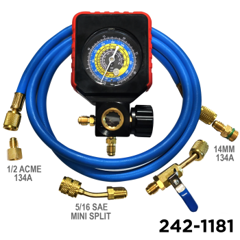 Single Manifold Gauge, Charging Pressure Gauge for R22/R32/R410A/R134A & Mini Split W/ Manual Shut Off Valve