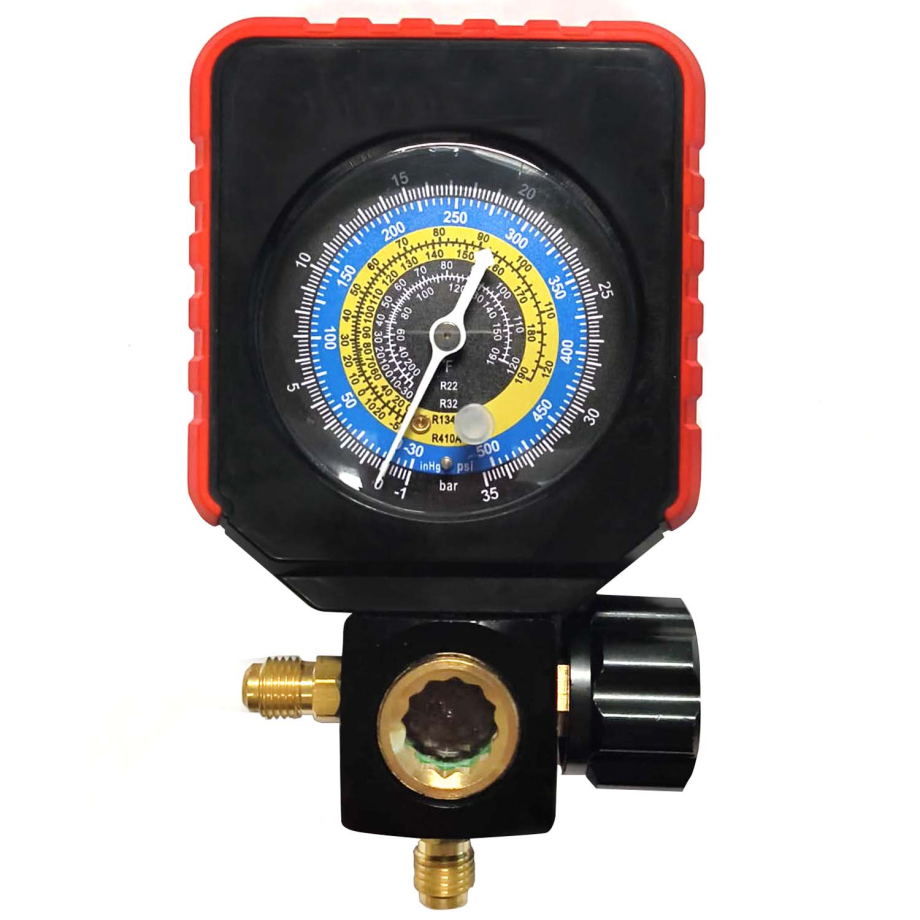 Single Manifold Gauge, Charging Pressure Gauge for R22/R32/R410A/R134A & Mini Split W/ Manual Shut Off Valve