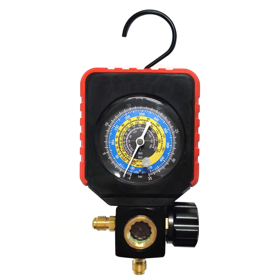 Single Manifold Gauge, Charging Pressure Gauge for R22/R32/R410A/R134A & Mini Split W/ Manual Shut Off Valve